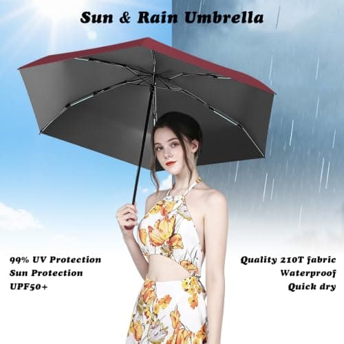 Sykerout 6 Ribs Mini Travel Umbrella, Compact Pocket Size With Storage Box，Wine red — view 4