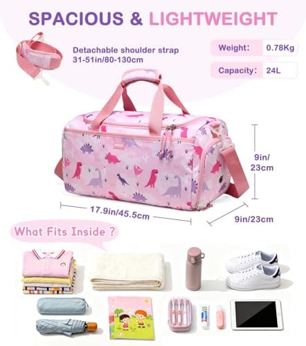Overnight Bag for Kids, VASCHY Large Capacity Travel Duffle Bag for Girls Lightweight Holdall Bag Weekender Bag with Shoes and Seperated Dry Wet Compartment for School, Dance, Sport(Pink Dinosaur) — view 2