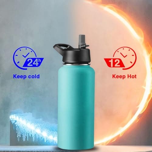 GARUET 950 ML Triple Walled, Insulated Water Bottles with Straw - Stainless Steel Metal Bottle W/ 3 Leak Proof Lids - For Travel, School, Sports, Gym/Men, Women & Kids (Cheery Turquoise) — view 3