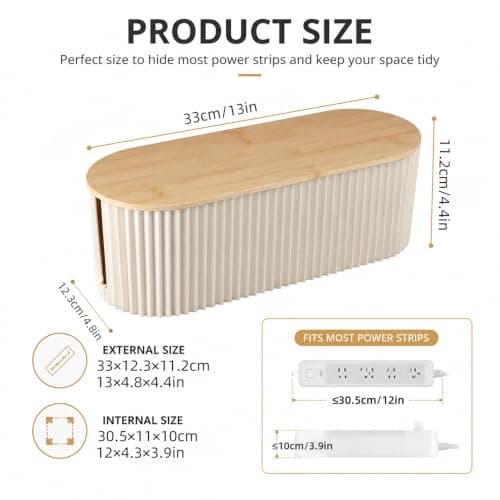 Velicber Cable Management Box Cable Tidy Box with Bamboo Lid 33x13x11 cm — view 2