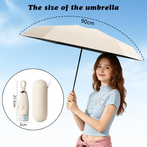 Sykerout 6 Ribs Mini Travel Umbrella, Compact Pocket Size With Storage Box，Beige — view 2