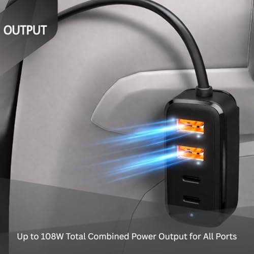 WYE 108W Back Seat Car Charger Hub with Clip, 6-Port Fast Charging Station with Carbon Fiber Finish for iPhone 16 15 14 Pro Max, iPad, Passenger Multi-Device Charger - Black — view 5