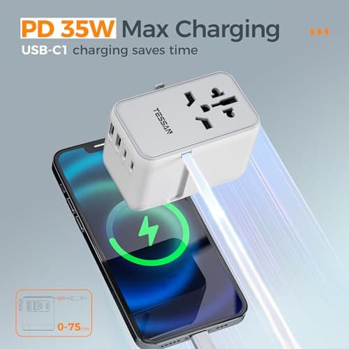 TESSAN Universal Travel Adapter Built-in 35W USB-C Cable, UK for EU/US/AU — view 3