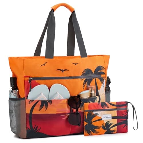 G4Free Large Beach Bag for Women Waterproof Sandproof Beach Tote Bag with Makeup Bag Zipper Pocket(Sunset Pattern)
