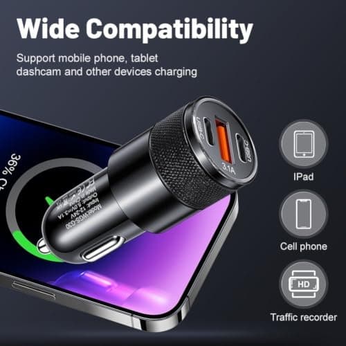 3.1A Multi Port Car Charger 2.5cm Wide Body(Yellow) — view 3
