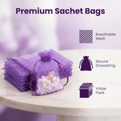 Purple Organza Drawstring Pouches, Mesh Gift Bags for Jewellery, Lavender Storage, Reusable, 40 Pack — view 5
