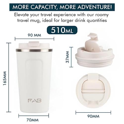 FAB Travel Mug, Reusable Coffee Cup (510ml, White) - Double Wall Stainless Steel with Screw Lid - Thermal Camping Cup, Vacuum Insulated for Hot and Cold Drinks, Eco-Friendly — view 2