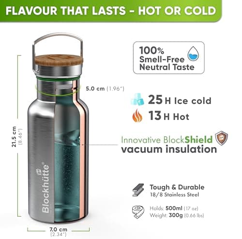 Blockhütte Stainless Steel Water Bottle I 500ml I Insulated Metal Flask, BPA Free, Leakproof, Dishwasher Safe, Ideal for Gym, Travel, Home Use, Cold Drinks, Reusable, with Cleaning Brush — view 3
