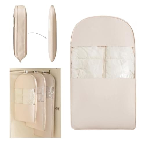NatureNook Space Saving Hanging Compression Garment Bag with Zipper for Closet Storage, Hanging Clothes Storage Bag, Garment Covers for Coats and Down Jackets, Beige, M