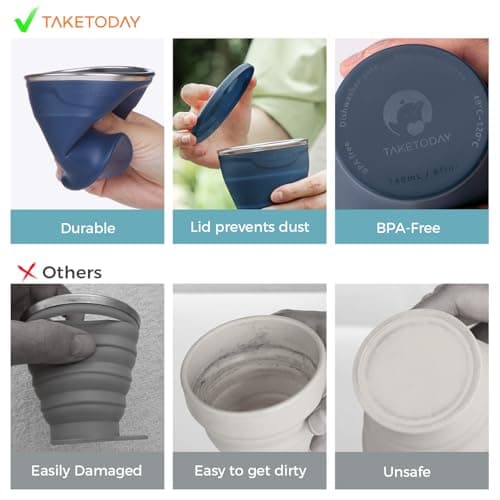 TakeToday Collapsible Travel Cup 8 Oz, Silicone Foldable Water Cup, BPA-Free with Lid & Waterproof Bag - Drinking Cup Set for Camping, Outdoors & International Travel, Navy — view 2