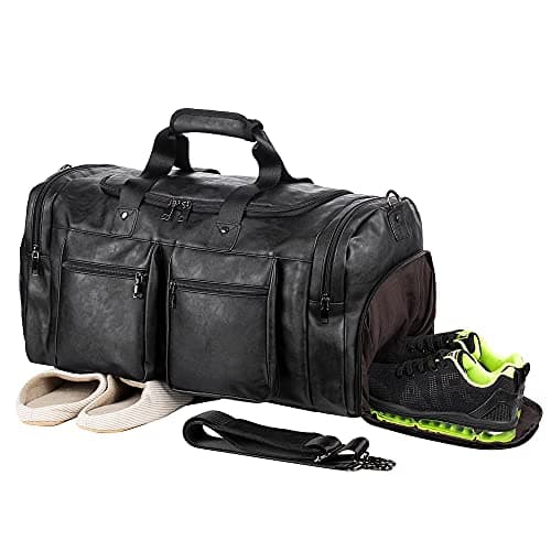 seyfocnia Weekender Bag with Shoe Compartment, Waterproof Pu Leather Overnight Bag Weekender Bag Mens Travel Duffle Bag Large Carry on Bag Travel Tote Duffel Bag for Men or Women-Black