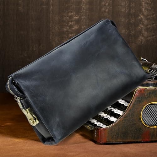 Contacts Leather Clutch with Combination Lock Men's Genuine Leather Phone Holder Zip Coin Key Travel Accessories Organizers Wallet Purse Anti-Thief Handbag, Blue — view 6