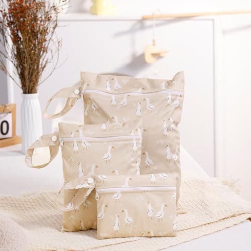 Treer 3 PCS Wet Bags Baby Cloth Nappy Wet Bag Waterproof Reusable Pastoral Style Print Diaper Bags with Zipper,Wet Dry Organizer Bag for Swimming, Baby Diaper, Travel Beach (Khaki Goose)