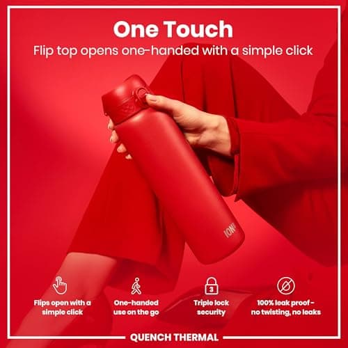 Ion8 Vacuum Insulated Stainless Steel 1 Litre Water Bottle, 920ml, Leak Proof, One-Finger Open, Secure Lock, Carry Handle, Dishwasher Safe, Scratch Resistant, Ideal for Sports and Yoga, Red — view 3