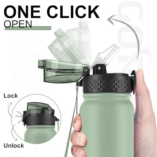 GOPPUS 600ml/20oz Stainless Water Bottle with Straw Double Wall Insulated Bottles with Strap One Hand Open Vacuum Thermal Flask with Flip Top Lid Leakproof Keep Cold Drinks BPA Free (Sage Green) — view 2