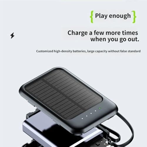 Solar Power Bank 10000mAh, Portable Charger with Built-in Cables, USB-C, Micro USB, and Lightning Compatible, Black — view 6