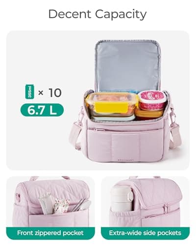 bagsmart Insulated Lunch Bags for Women, 6.7L Portable Lunch Box with Shoulder Strap Reusable Cooler Bag, Puffy Thermal Lunch Tote for Work/School/Picnic/Travel — view 4