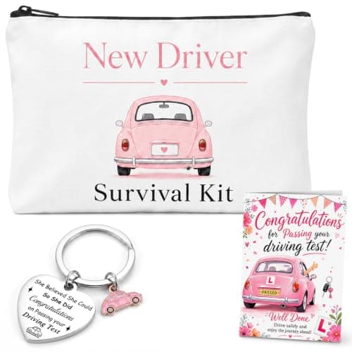 prezentz New Driver Gift for Her 3 Piece Makeup Bag Keyring and Driving Test Card
