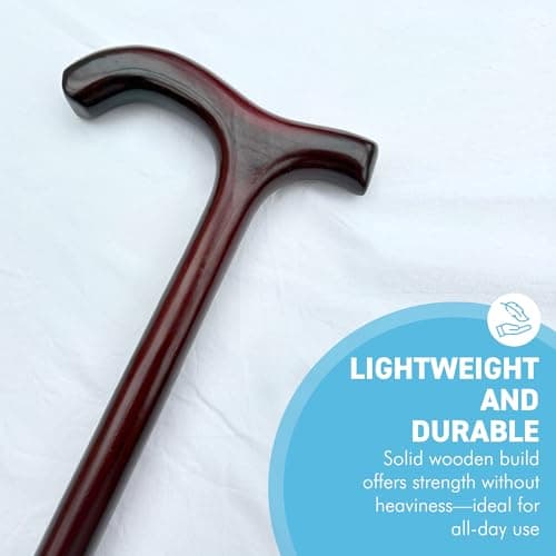 Varnished Red Wine Wood Classic Derby Walking Stick, solid, lightweight wooden stick with rubber ferrule for stability and comfort — view 3