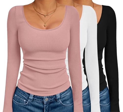 Ekouaer 3 Pack Women's Thermal Long Sleeve Ribbed Tops, Black/White/Pink S