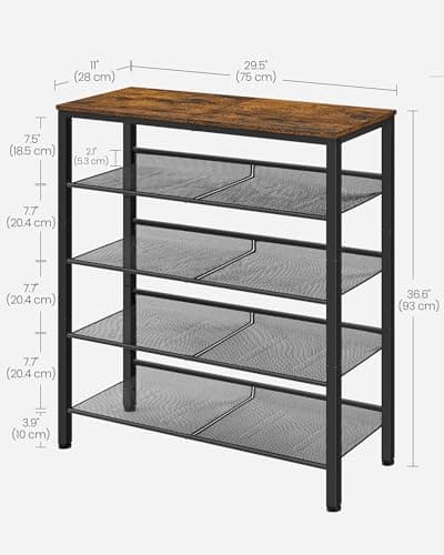 VASAGLE 5-Layer Shoe Rack, High Shoe Storage with 4 Mesh Shelves and Large Top for Bags, Space Saving for Entrance, Hallway, Steel, Industry, Rustic Brown and Black LBS038B01 — view 3