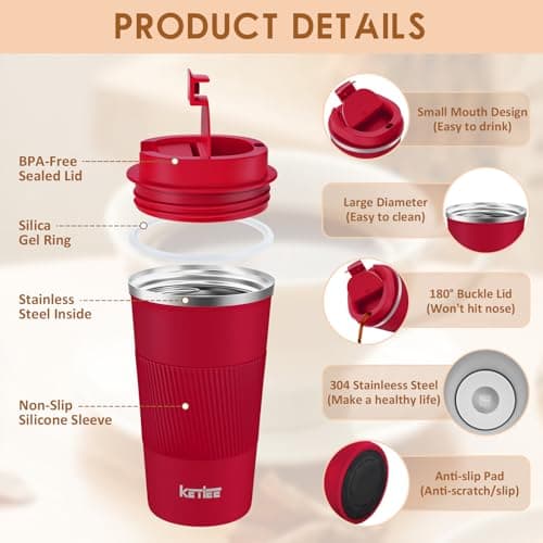 KETIEE Travel Mugs, 510ml Insulated Coffee Cup with Leakproof Lid,Reusable Coffee Cups Travel Cup,Coffee Travel Mug,Double Walled Coffee Mug,Stainless Steel Thermal Cup Mug for Hot Cold Drinks, Red — view 2