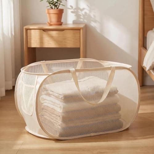 HUANYO Durable Collapsible Laundry Basket, Mesh Pop-up Laundry Hamper with Handy Pocket and Reinforced Carry Handles, Foldable Clothes Hamper for Bathroom, Kids Room or Travel (beige) — view 3