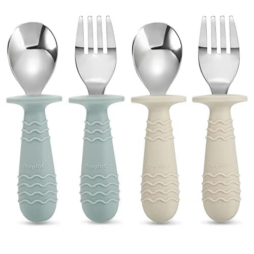 PandaEar 4 Pack Toddler Baby Cutlery Self Feeding Set, Silicone Stainless Steel Utensils Silverware Spoon Fork, 12 Months Plus, with Silicone Holding Anti-Choke Design (Morandi Green & Milky White)