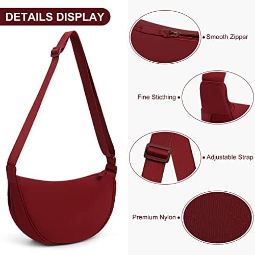 DKIIL NOIYB Crescent Bag for Women Men, Nylon Crescent Bags Hobos Crossbody Bag Portable Crescent Purse with Adjustable Strap Solid Color Chest Bag Shoulder Bag Fanny Packs, A07-wine Red, 31cm — view 4