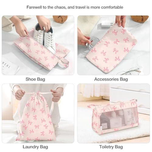 8 Set Packing Cubes for Suitcases,Suitcase Organizer with Shoe,Cosmetics,Clothing, and Accessories Bags for Travel Luggage Organizer Women Men(Pink Bows) — view 5