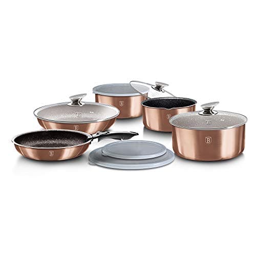 12 Pcs Colorful Space Saving Cookware Frying Pan Sauce Pan Casserole Pot Set Induction Lid Handles (Rose Gold)