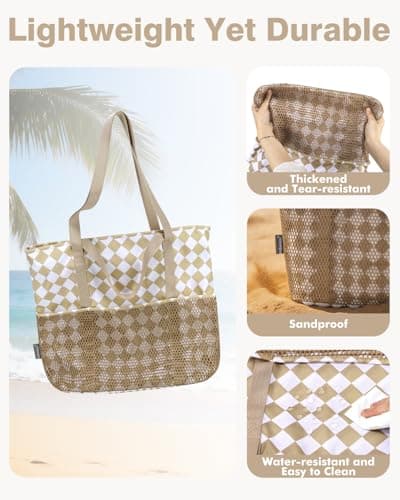Beach Bag with Zip and Pockets Small Beach Tote Bags for Women, Checkered — view 6
