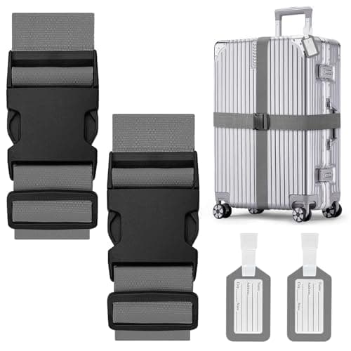 Aulese 2 Pack Luggage Straps, Adjustable Suitcase Straps with Luggage Tags, High-Visibility Luggage Straps for Suitcases, Travel Accessories Luggage Belt for Baggage (Grey)