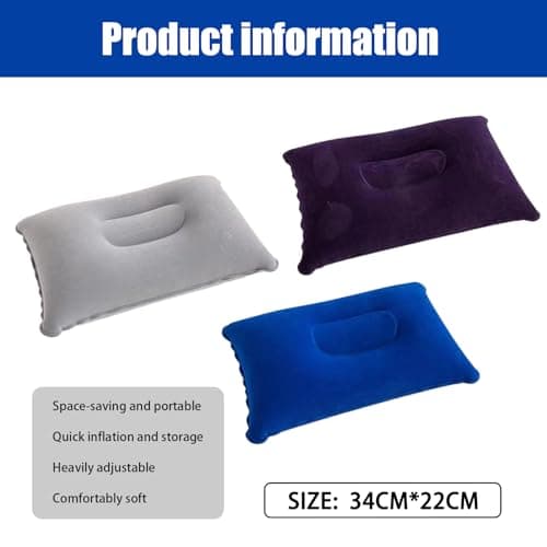 UEKPDM 3 Pack Inflatable Camping Pillows, Water-Resistant Compressible Travel Pillows, Lightweight Foldable Blow Up Pillow for Neck Support, Grey, Purple Blue & Royal Blue — view 2