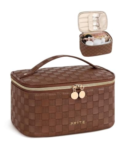Prite Makeup Bag Toiletry Case for Women with Brush Holder, Brown, Standard