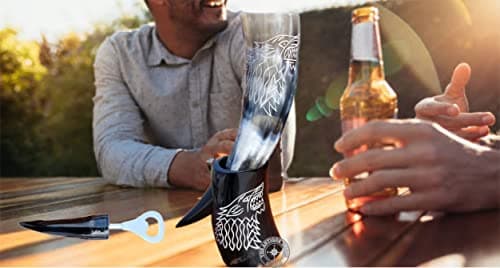 THE ANTIQUE HOUSE Genuine Viking Drinking Beer Horn Mug Wolf Engraving Wine Mead Mug with Stand & Bottle Opner-Leather Holder Food Safe — view 5