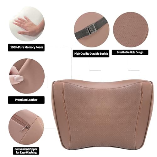 Dapucarin Car Headrest Pillow 100% Memory Foam, Breathable Removable Leather Cover, Premium Seat Support Head Neck Cushion for Driving Travel Home Office, Brown, 1 Pack — view 5