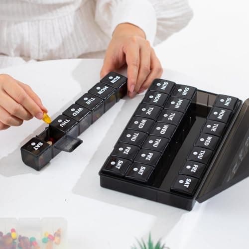 Yaklim Monthly Pill Box Organiser: Large Monthly Pill Organiser 4 Week Daily Pill Container with Dust-Proof Tablet Case - 28 Day Travel Medicine Dosette Box XL Copartments Vitamin Holder (Black) — view 6