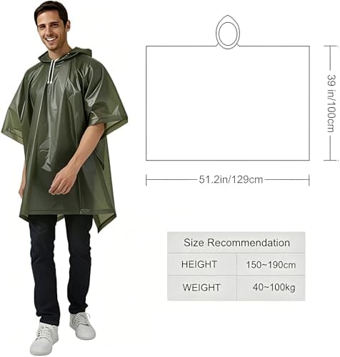 UPSEN Rain Ponchos for Adults, 2 Pcs Reusable Raincoats Coats Jackets Emergency for Women Men with Hood, Green — view 4