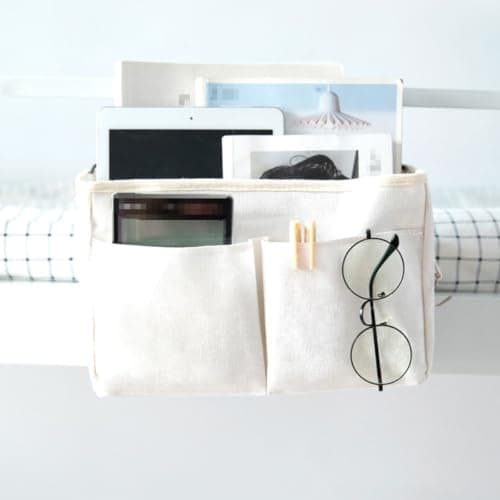 Hanging Storage Bag White Cotton Linen Dormitory Bedside Organizer — view 6