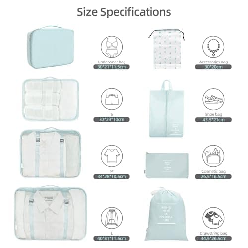 12Pcs Packing Travel Cubes for Suitcase Luggage Organizers with 5 Drawstring Bags,Suitcase Organiser Bag with Waterproof Shoe Storage Bag Compression Pouches Blue — view 3