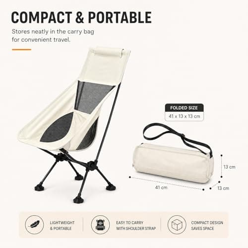 GOOGO High Back Camping Chair, Folding Camping Chair with Side Pocket, 80 x 41 x 87 cm, 150 kg Capacity, 600D Oxford Portable Outdoor Chair for Garden, Beach, Fishing and Picnic (White) — view 2