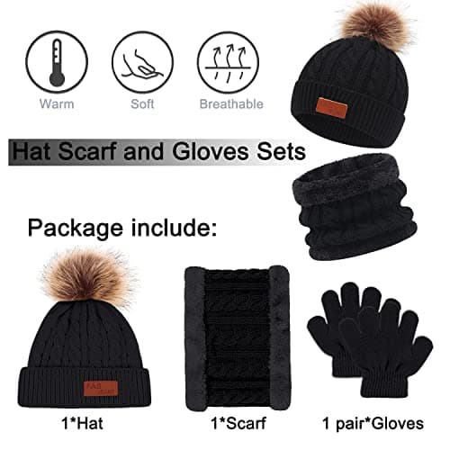 Baynetin 3Pcs Kids Winter Beanie Hat Scarf Gloves Set for 1-5 Years Old Boys Girls. Winter Accessories Sets for Children Outdoor Sports, Knit Thick Warm Fleece Lined Thermal Sets (Black) — view 5