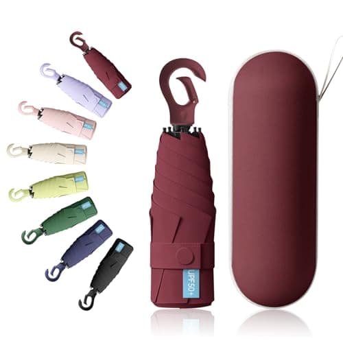 Detontek 6 Ribs Mini Travel Umbrella, Mini Folding Umbrella, Small Umbrella, Pocket Umbrella, Umbrella With Buckle Handle, Dual Purpose, With Storage Box (Burgundy)