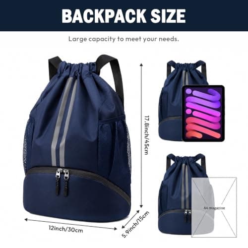 Sioloc Blue Waterproof Drawstring Backpack for Gym & Swim – Lightweight Sports Bag with Shoe Compartment, Large Capacity, Wet/Dry Pockets (Men & Women) — view 2