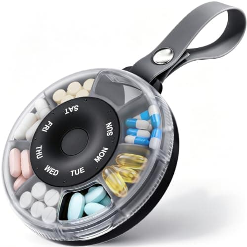 AUVON Travel Weekly Pill Organiser, One-Time Refill Design, Carry Handle | Portable Pill Box 7 Day 1 Times a Day with Magenetic Rotating Design, Tablet Organiser for Fish Oils, Vitamins, BPA-Free