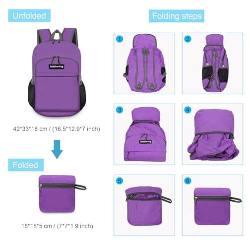 Jedebartey Rucksack, 20L Ultra Lightweight Backpack Foldable Hiking Daypack Small Travel Day Bag for Men Women Kids Outdoor Sports Camping Mountaineering Walking Cycling Climbing (Purple) — view 3