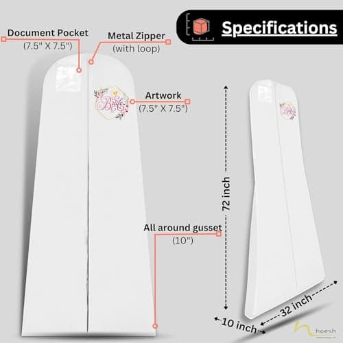 Hoesh UK Bridal Gown Garment Bag - Printed Wedding Dress Bag | Long Dress Covers for Bride & Bridesmaids | Breathable Clothes Bag for Storage & Travel (Blooming Bride) — view 6