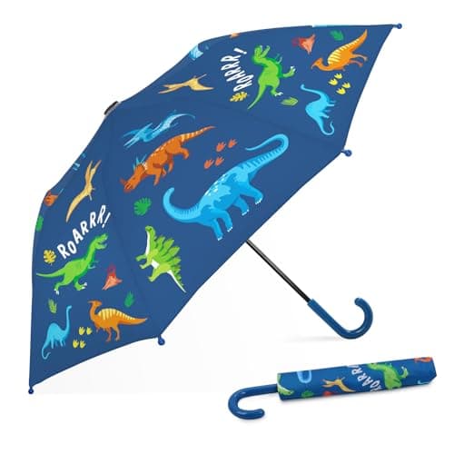 Kids Manual Fold Stick Umbrella for Boys Girls School Outdoor Dinosaur