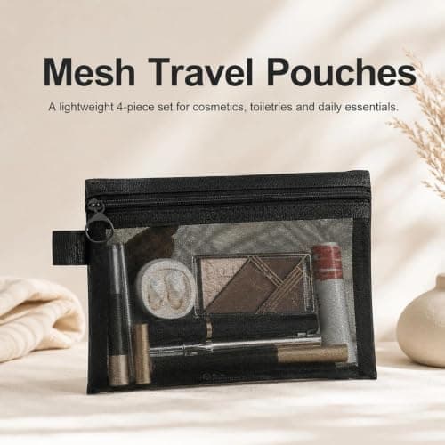 4 Pcs Nylon Mesh Zipper Bags for Cosmetics, 3 Sizes Waterproof Clear Makeup Pouch Organiser for Travel, Toiletries & Small Accessories, Black — view 3